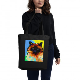 Colorful Kitty Kat Painting on a Black Eco Tote Bag